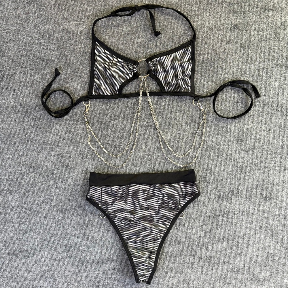 Rolita Couture Rave Set Holographic Silver/Black Chain Halter O-Ring Festival XS